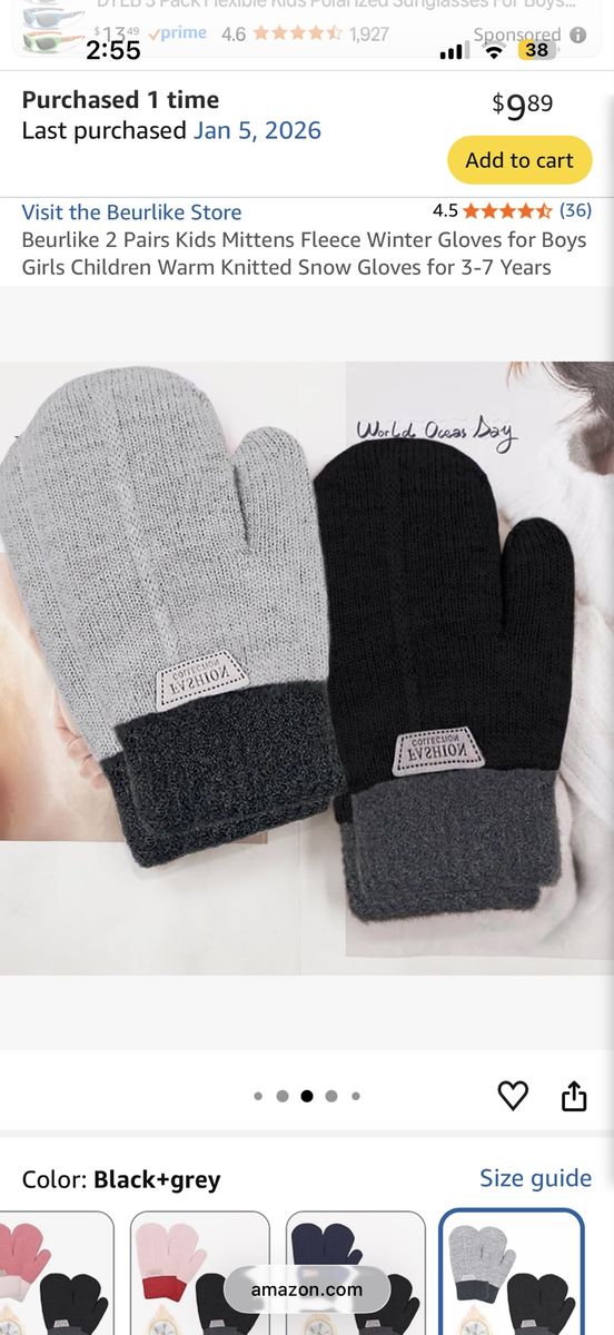 NEW Kids Winter Mittens – 2 Pairs – Black & Gray – $8