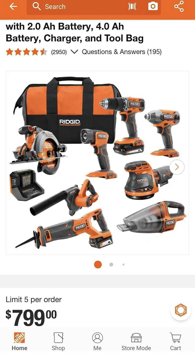 RIDGID Cordless Power Tool Combo Kit: Drill, Impact, Saw, Sander, Vacuum, Blower, Light, Charger, 2 Batteries