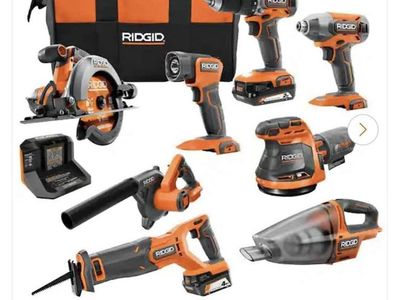 RIDGID Cordless Power Tool Combo Kit: Drill, Impact, Saw, Sander, Vacuum, Blower, Light, Charger, 2 Batteries