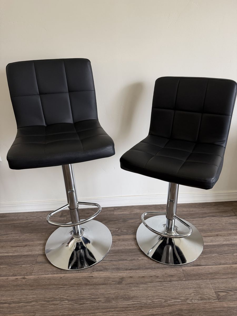 Adjustable Swivel Bar Stools - Set of 2, Black Faux Leather, Chrome Base