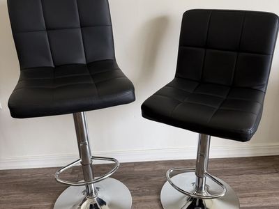 Adjustable Swivel Bar Stools - Set of 2, Black Faux Leather, Chrome Base