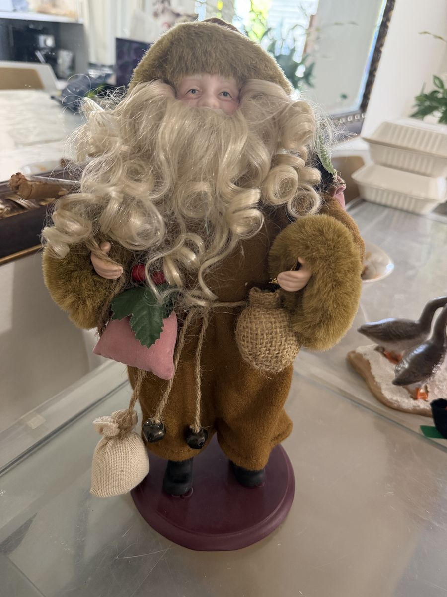 Vintage Santa Claus Christmas Decor Figurine - Brown Robe, Fur Trim, Presents - 12 inch