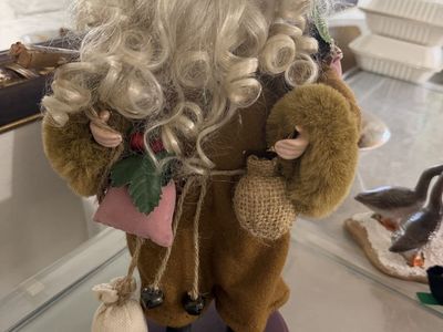 Vintage Santa Claus Christmas Decor Figurine - Brown Robe, Fur Trim, Presents - 12 inch