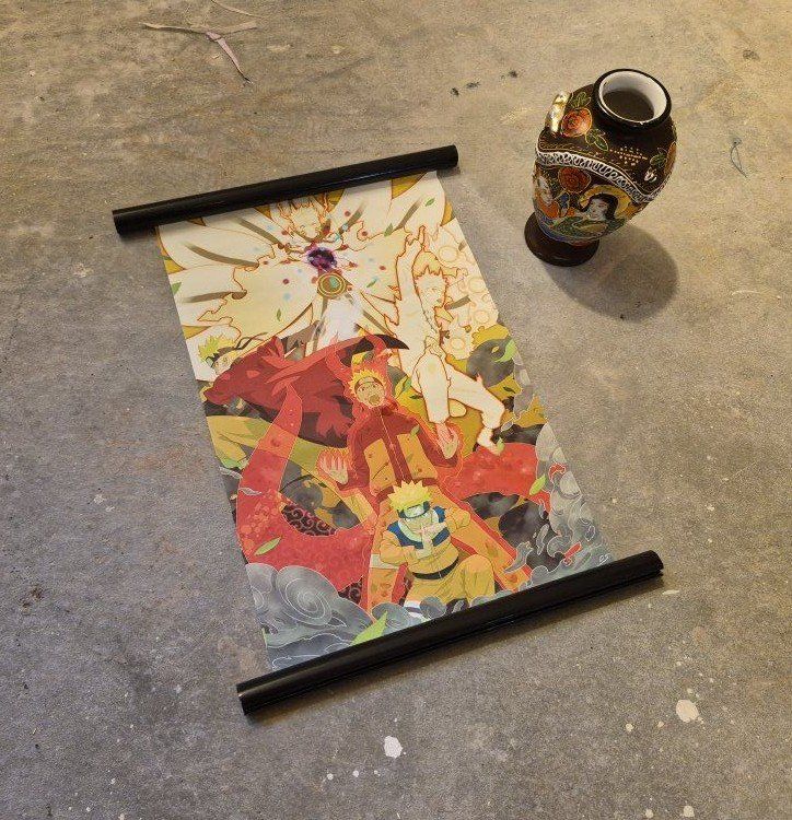 Vintage Hand-Painted Japanese Vase & Naruto Shippuden Scroll Wall Art Set