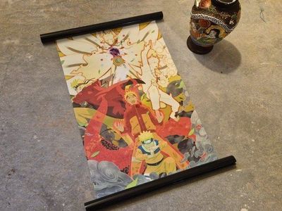 Vintage Hand-Painted Japanese Vase & Naruto Shippuden Scroll Wall Art Set