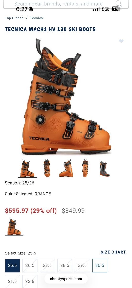 Tecnica Mach1 HV 130 LV Ski Boots - Orange, Size 25.5 - Grip Walk, CAS Shell