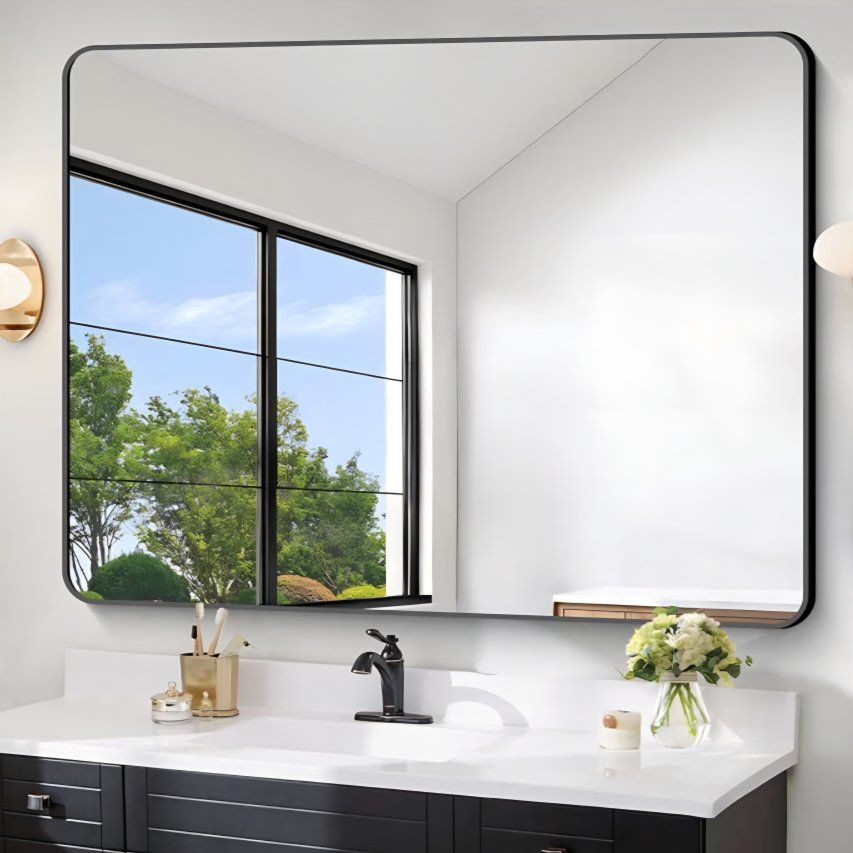 Large Bathroom Mirror 48 x 36 Inches，Black Large Wall Mirror Aluminum Frame Wall Mounted Rounded Corner Morndern Mirror for Bath