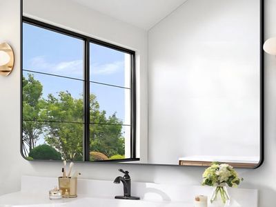 Large Bathroom Mirror 48 x 36 Inches,Black Large Wall Mirror Aluminum Frame Wall Mounted Rounded Corner Morndern Mirror for Bath