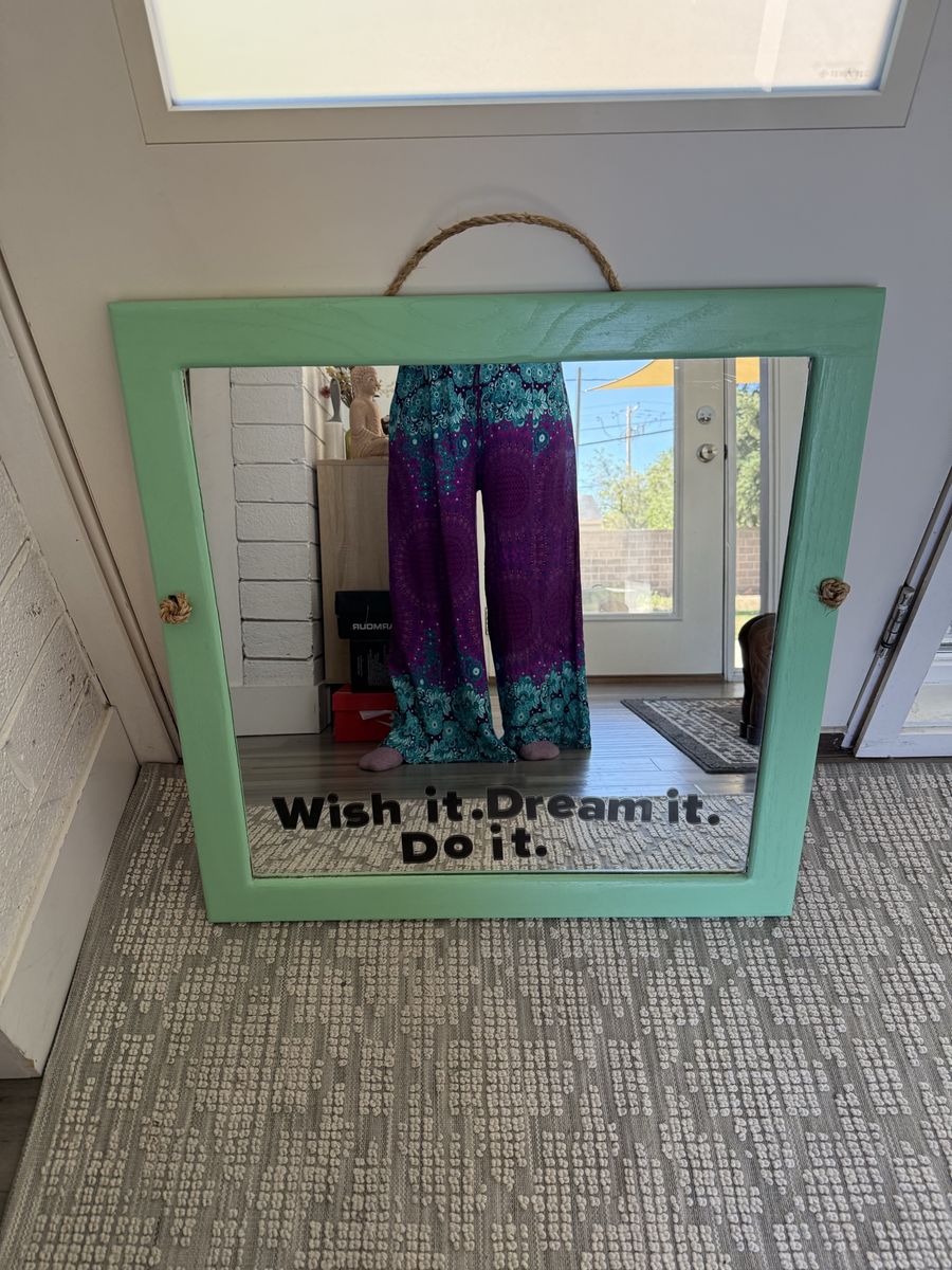 Inspiring Mint Green Framed Wall Mirror with "Wish it. Dream it. Do it." Quote & Rope Hanger