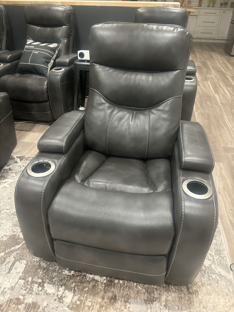 Ashley Feazada Power Recliner with Adjustable Headrest, LED Cup Holders & Faux Leather Upholstery