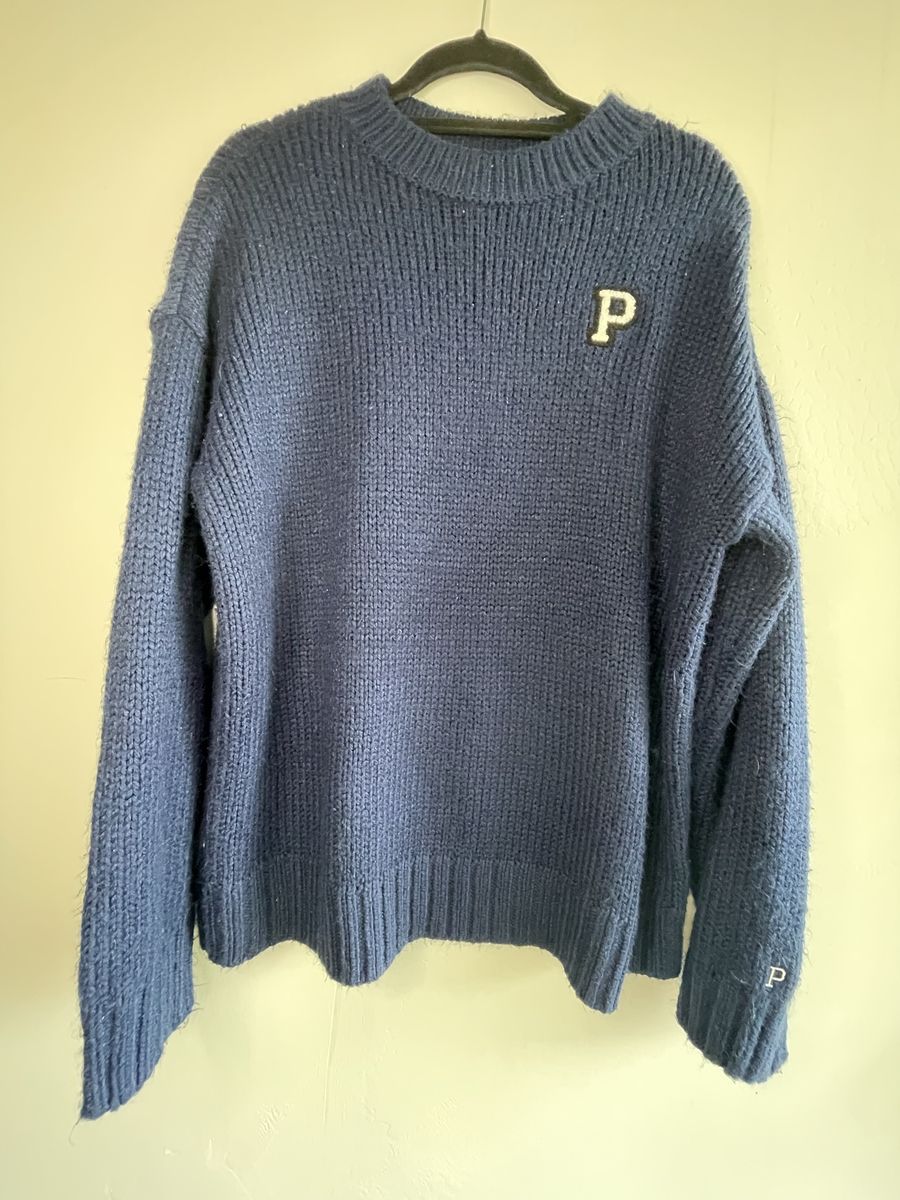 PINK Victoria's Secret Blue Knit Crew Neck Sweater with 'P' Logo - Size Large