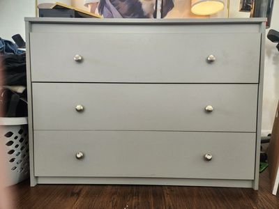 Gray 3-Drawer Wood Dresser with Silver Knobs - Fair Condition