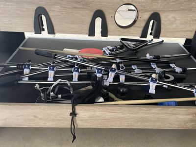 Multi-Game Table Set with Foosball, Pool, and Ping Pong Attachments