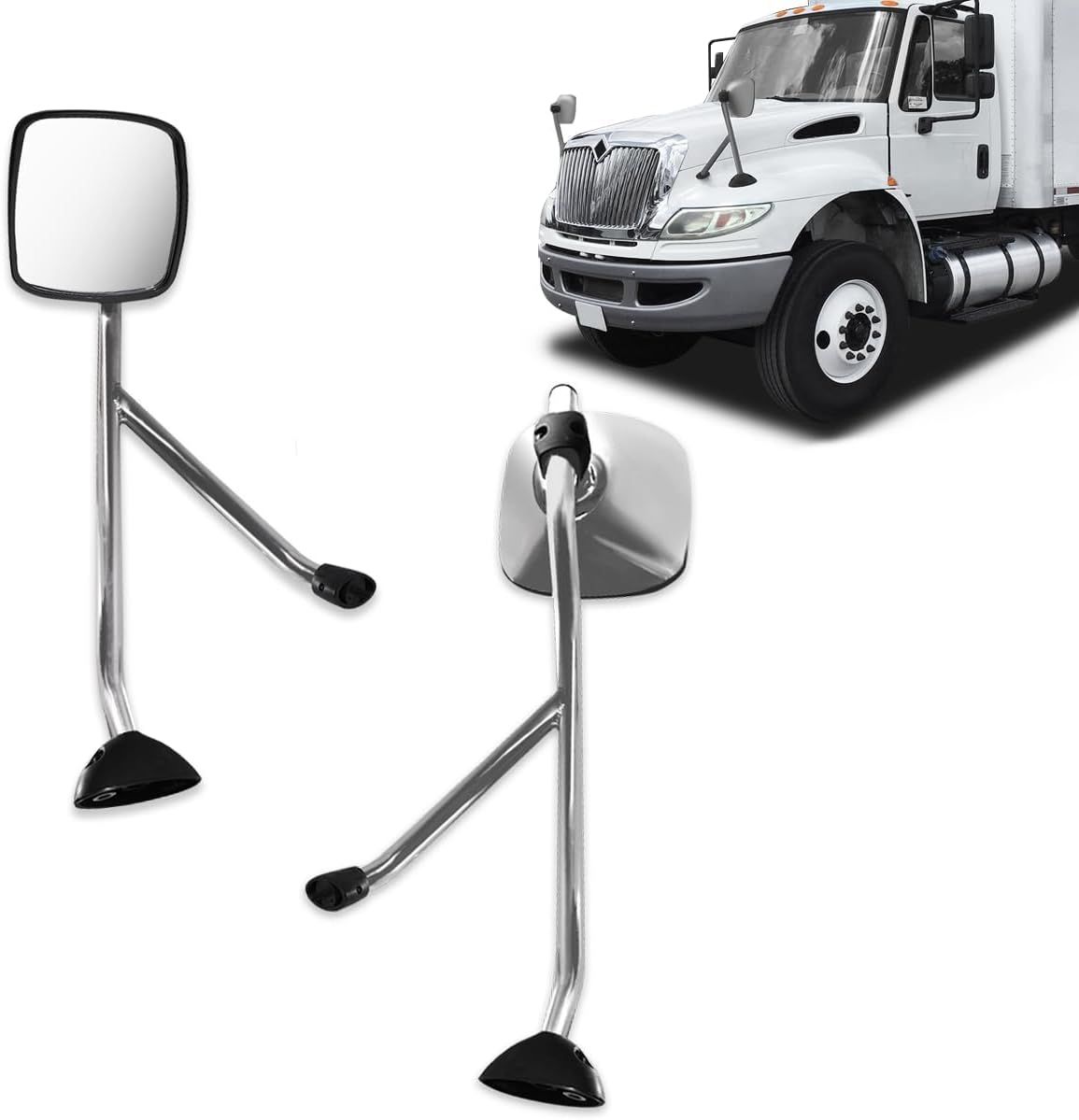 International 4300 Chrome Hood Mirror w/ Mounting Arm Set (Driver & Passenger) - Chrome