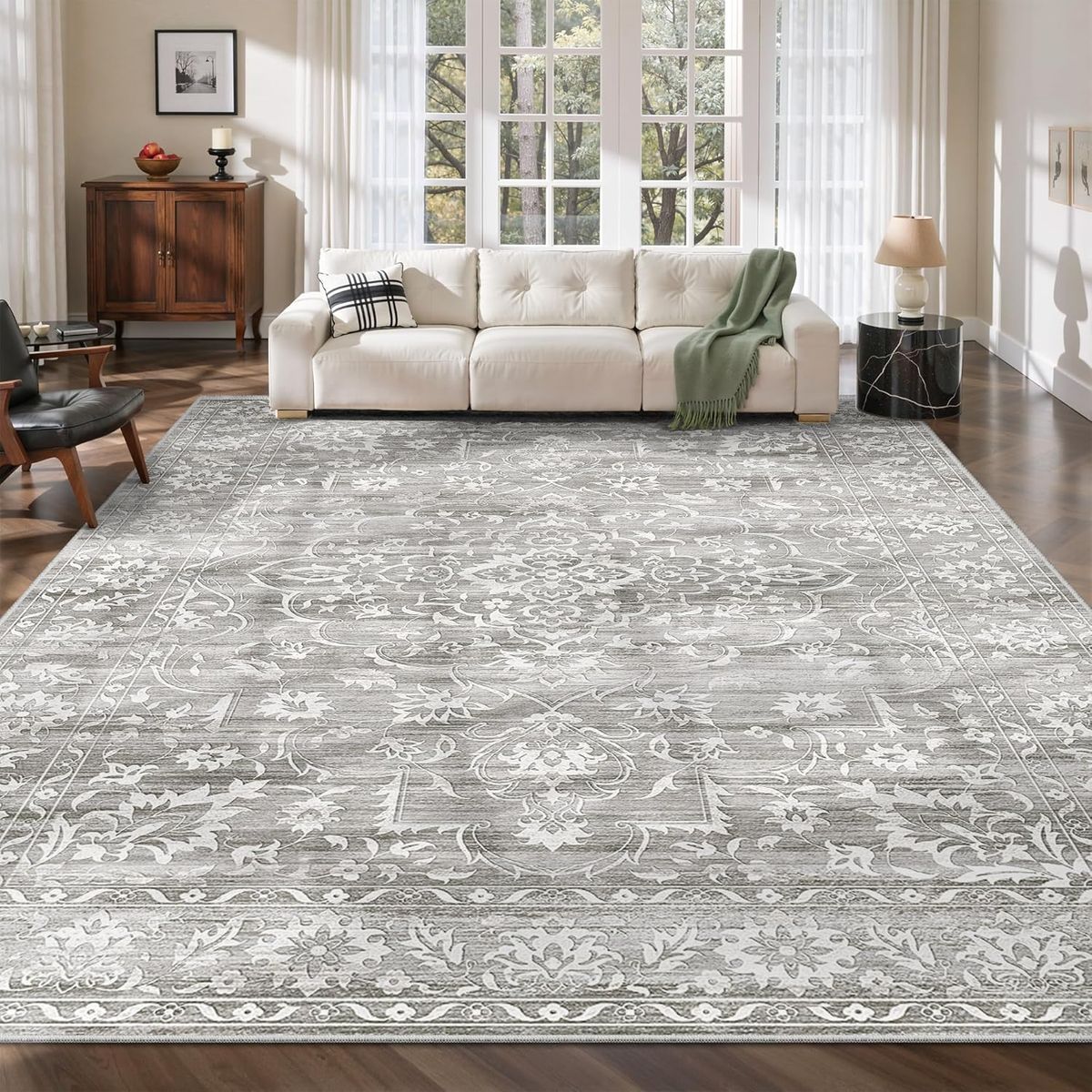 NEW 8x10 Washable Area Rugs for Living Room, Vintage Floral Distressed Neutral Gray