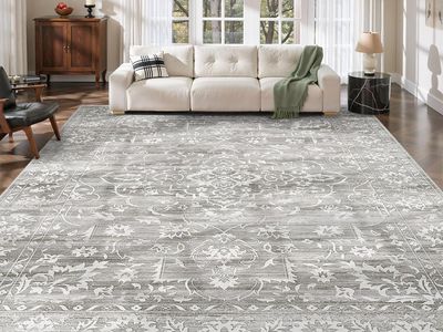 NEW 8x10 Washable Area Rugs for Living Room, Vintage Floral Distressed Neutral Gray