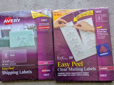 Brand New AVERY 5663 CLEAR MAILING LABELS 2" x 4" 500 / Box