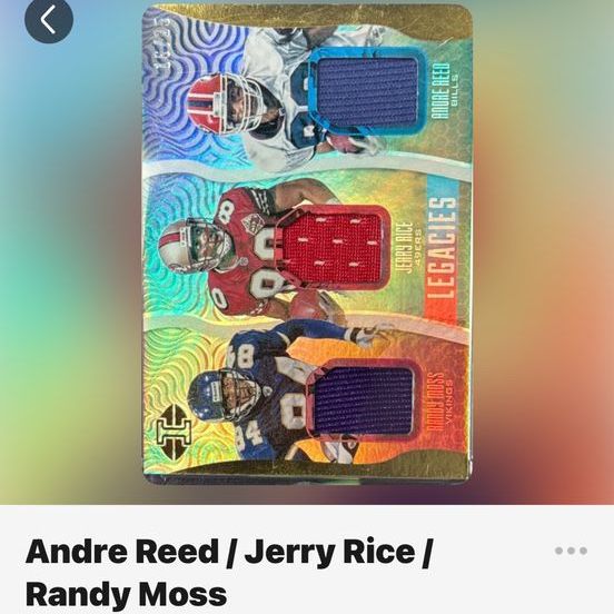 2023 Panini Illusions Legacies Triple Relic Gold Parallel /25 Andre Reed/Jerry Rice/Randy Moss. 16/25