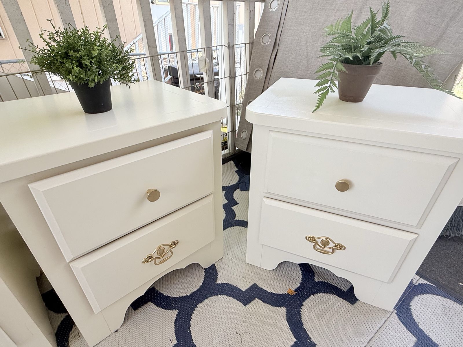 Pair of cream Nightstands with Gold Knobs and Handles - 2 Drawer Bedroom Side Tables