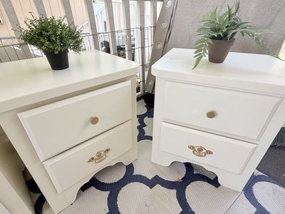Pair of cream Nightstands with Gold Knobs and Handles - 2 Drawer Bedroom Side Tables