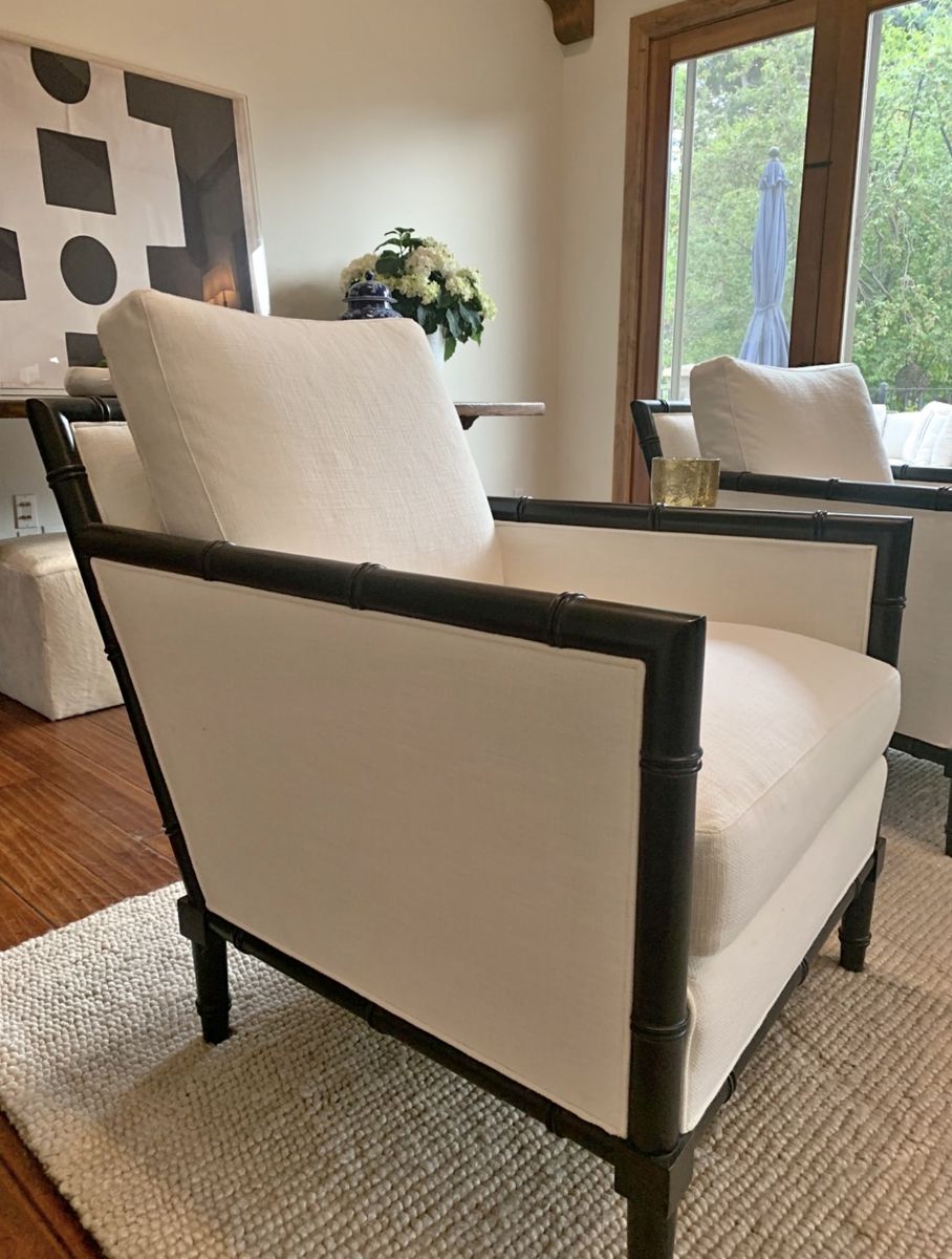 Ethan Allen Ivory Linen Faux Bamboo Club Chairs
