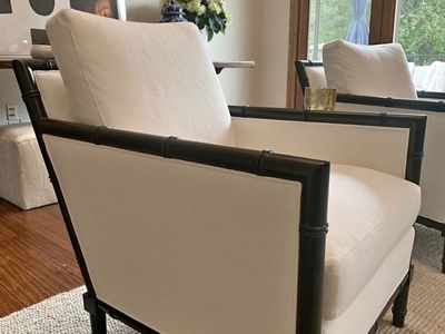 Ethan Allen Ivory Linen Faux Bamboo Club Chairs