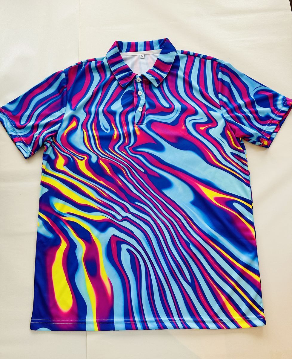 Men's Medium Psychedelic Golf Polo Shirt Blue Pink Abstract 100% Polyester