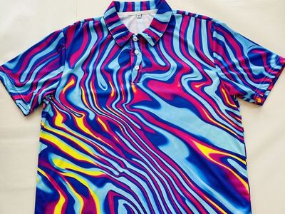 Men's Medium Psychedelic Golf Polo Shirt Blue Pink Abstract 100% Polyester