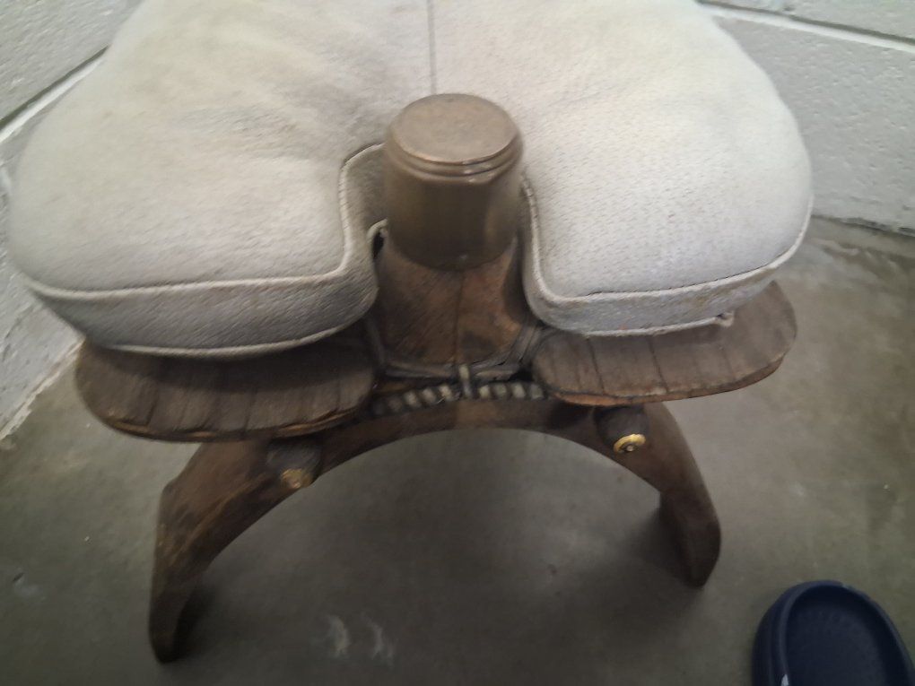 Vintage Saddle Bench Stool with Wooden Base and Padded Leather Seat