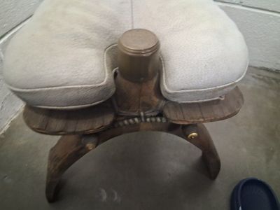 Vintage Saddle Bench Stool with Wooden Base and Padded Leather Seat