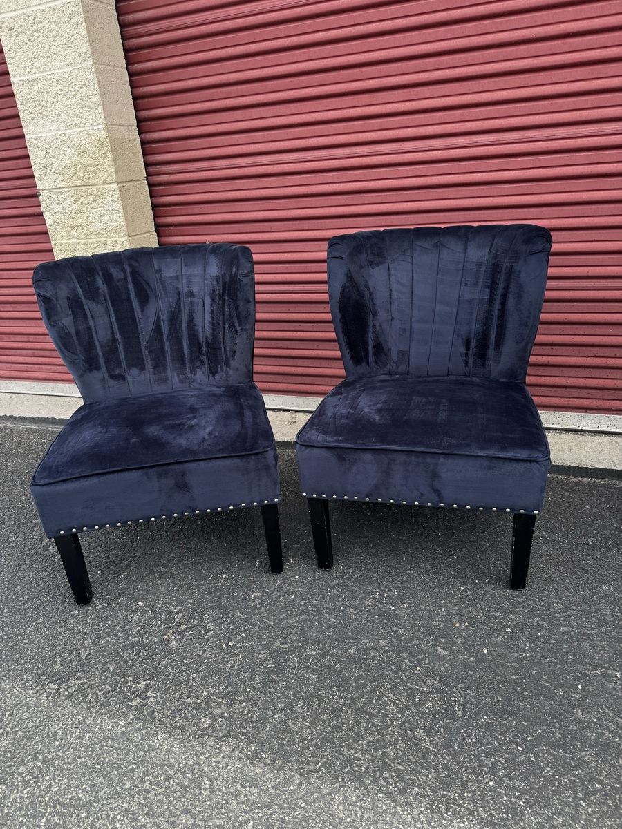 Pair of Navy Blue Velvet Shell Back Slipper Chairs