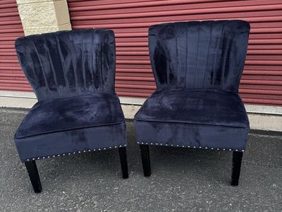 Pair of Navy Blue Velvet Shell Back Slipper Chairs