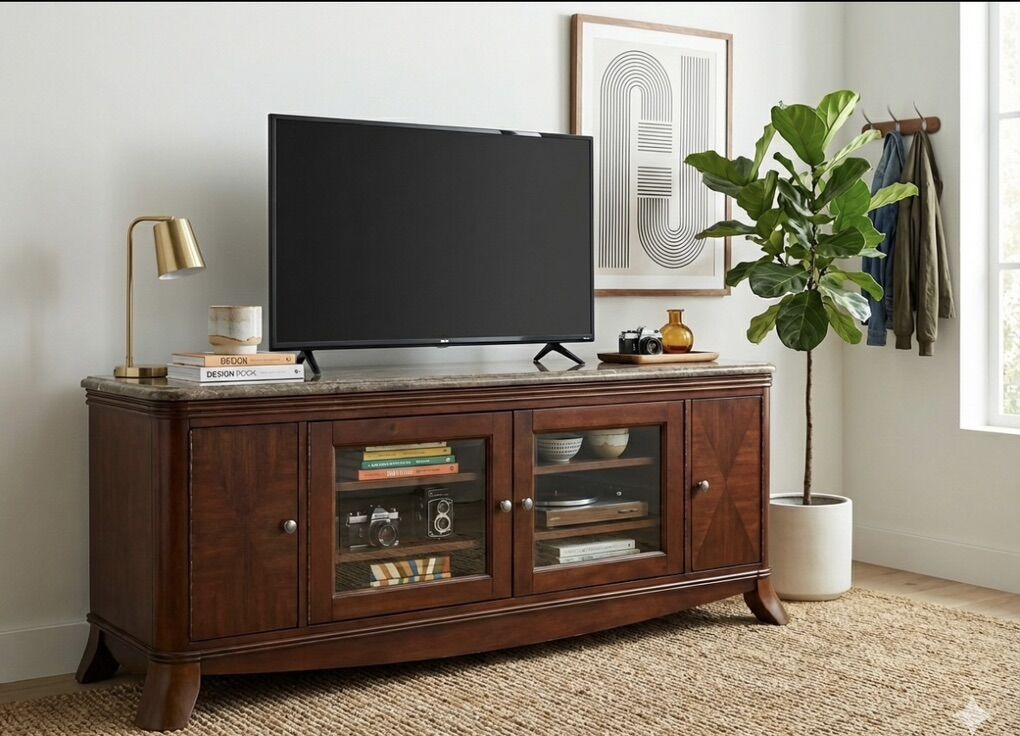 Large Mid Century Modern Wood And Marble tv Stand