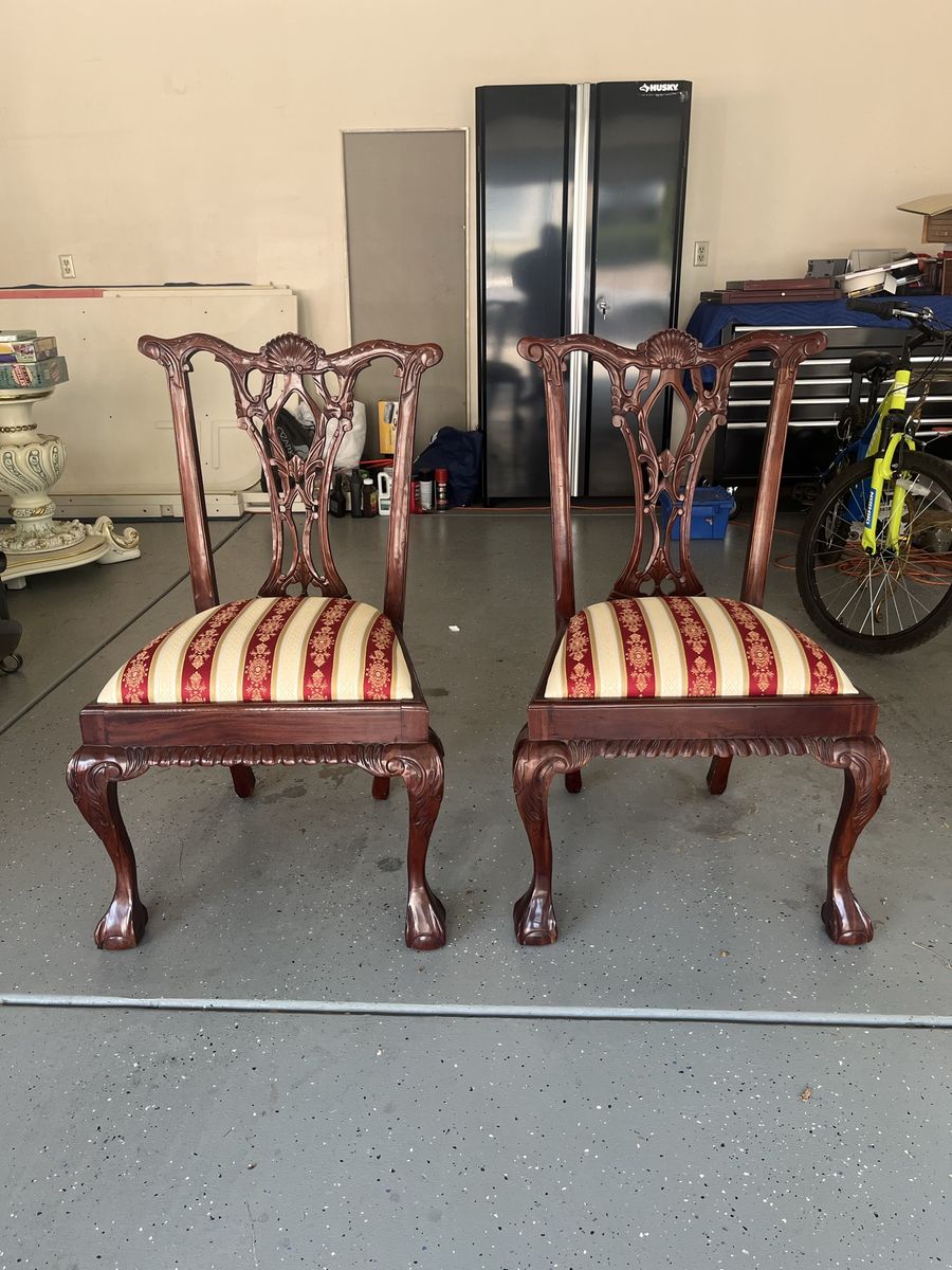 Pair of Vintage Chippendale Style Carved Mahogany Chairs with Striped Upholstery