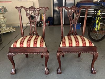 Pair of Vintage Chippendale Style Carved Mahogany Chairs with Striped Upholstery