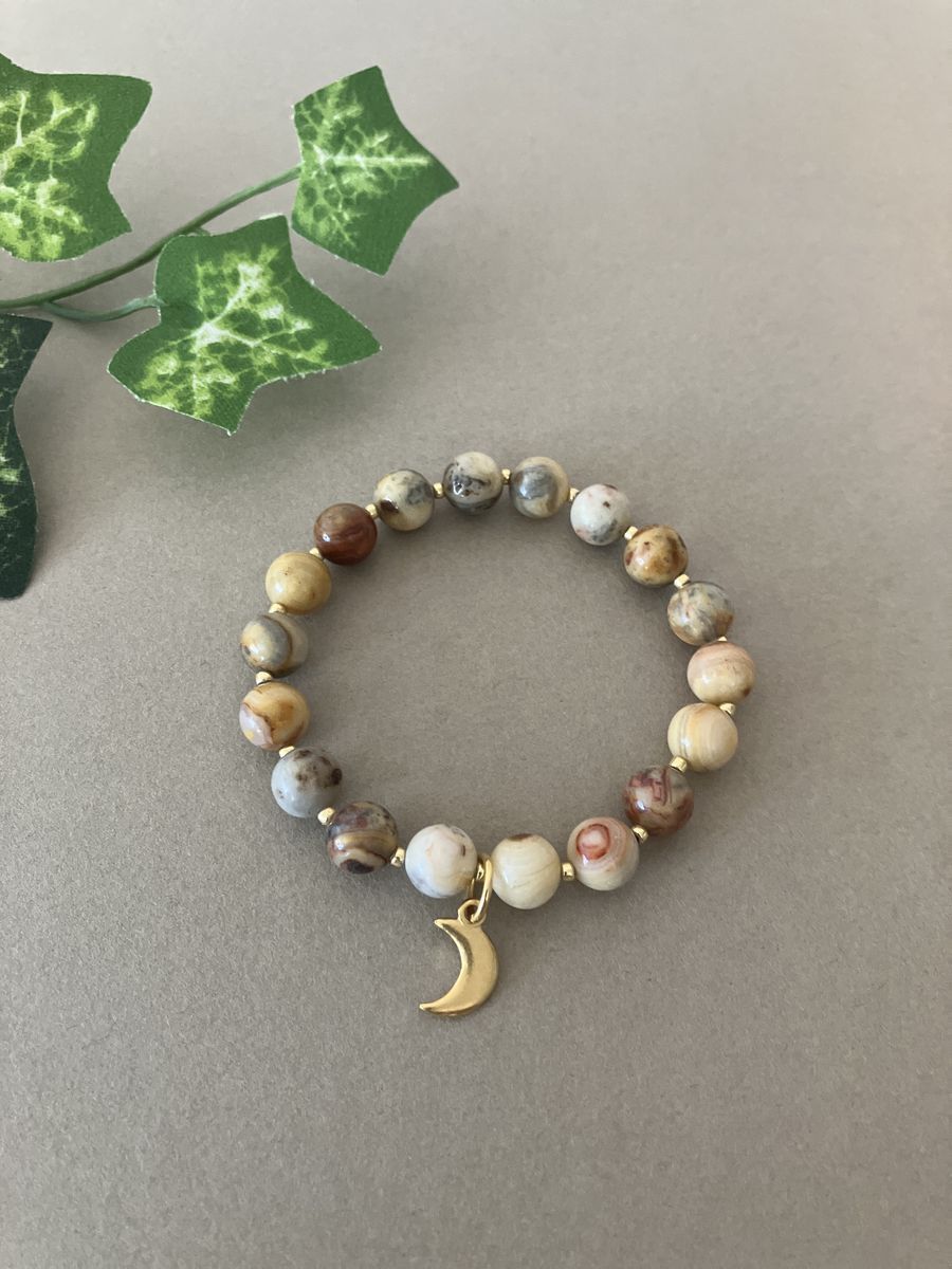 Agate Gemstone Beaded Gold Moon Charm Stretch Bracelet