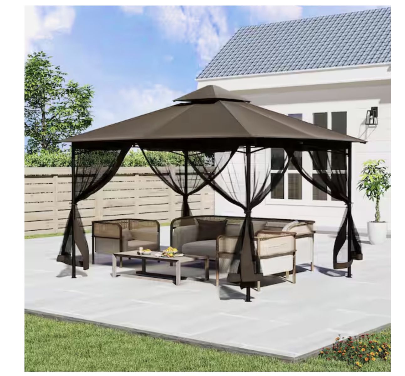 ChillPavilion 12 ft. x 12 ft. Brown Outdoor Metal Gazebo with Double Roof Soft Top and Netting