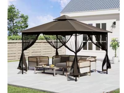 ChillPavilion 12 ft. x 12 ft. Brown Outdoor Metal Gazebo with Double Roof Soft Top and Netting