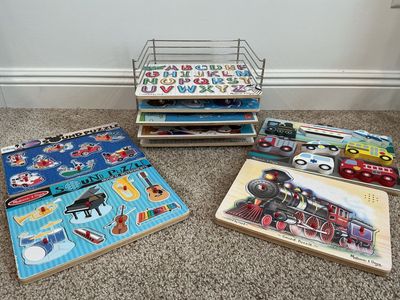 Melissa & Doug Wooden Puzzles Lot (7) w/ Sound Puzzles & Rack - Alphabet, Numbers, Vehicles, 101 Dalmatians