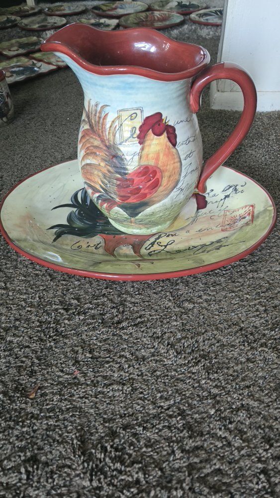 Ceramic Rooster Pitcher and Basin Platter Set - French Country Decor