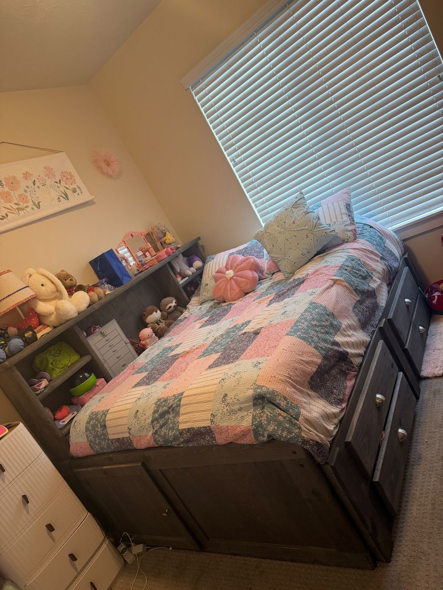 Full Size Wooden Platform Bed with Storage Drawers and Bookshelf Headboard - Dark Gray Finish