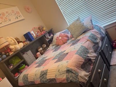 Full Size Wooden Platform Bed with Storage Drawers and Bookshelf Headboard - Dark Gray Finish