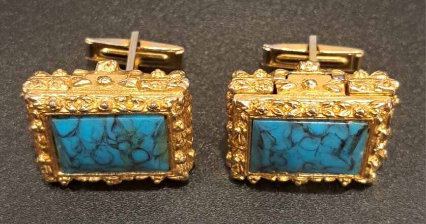 Vintage Gold-tone & Turquoise Book Cufflinks