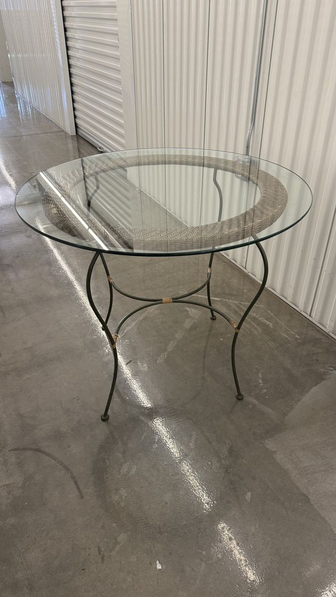 Round Glass Top Wicker Rattan Bistro Table with Wrought Iron Base 32" Diameter