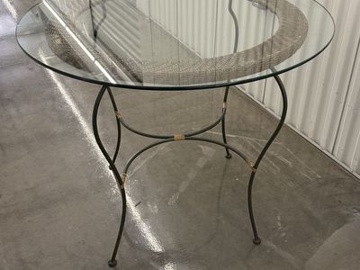 Round Glass Top Wicker Rattan Bistro Table with Wrought Iron Base 32" Diameter