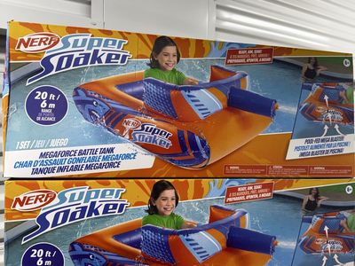 NERF Super Soaker Megaforce Battle Tank Ride-On – Inflatable Pool Float with Pool-Fed Mega Water Blaster