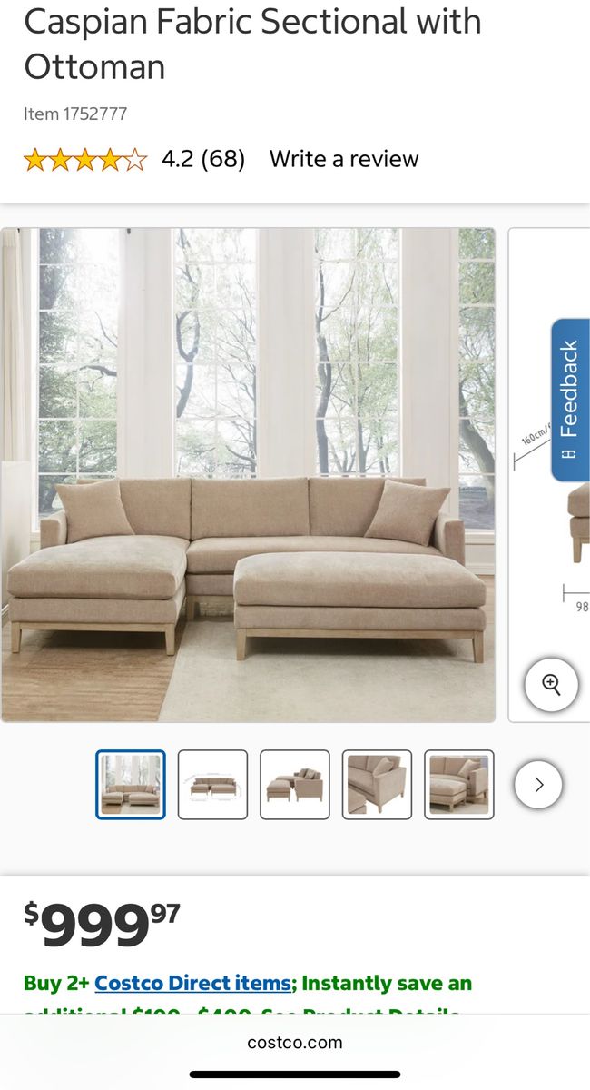 Caspian Fabric Sectional couch with Ottoman - Beige, Modern Design, 109.45" Wide