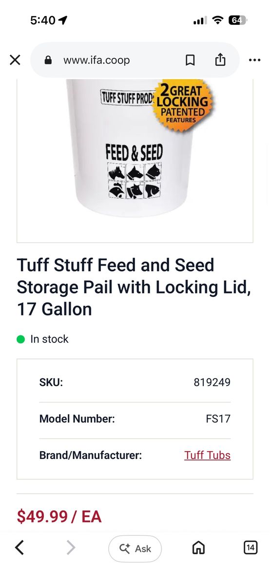 Tuff Tubs Tuff Stuff Feed and Seed Storage Pail with Locking Lid, 17 Gallon