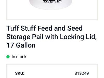 Tuff Tubs Tuff Stuff Feed and Seed Storage Pail with Locking Lid, 17 Gallon