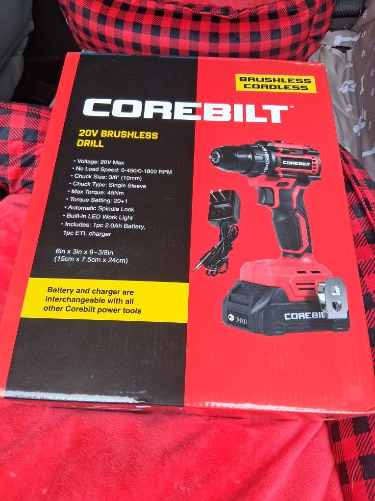 COREBILT 20V Max Brushless Cordless Drill - 3/8" Chuck, 45Nm Torque, Battery & Charger Included